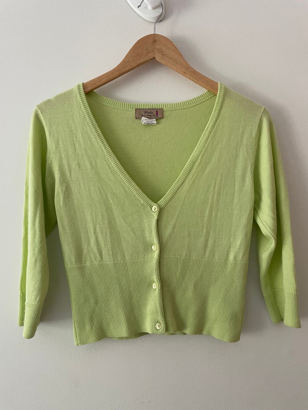 Vintage Y2K Studio Lime Green Cropped Fairy Brats Ribbed Cardigan Top Size 12